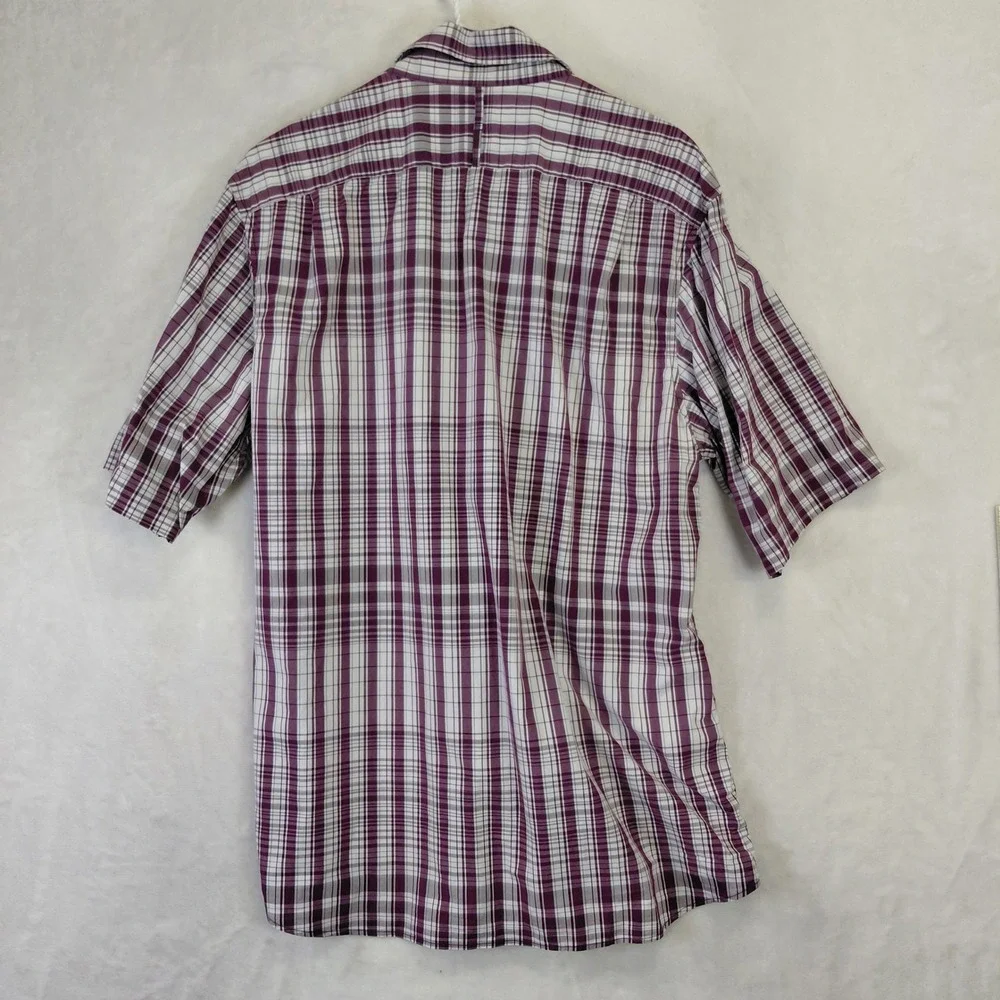 Banana Republic Mens Large Purple Plaid Short Sleeve Button Down Shirt 16-16.5